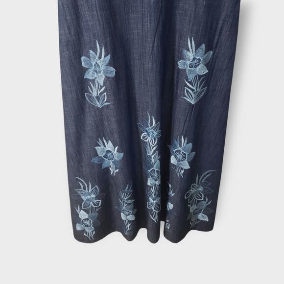 Wayward Fancies Blue Chambray Floral Embroidered Maxi Dress Sz 8-M Grandma - Picture 3 of 14